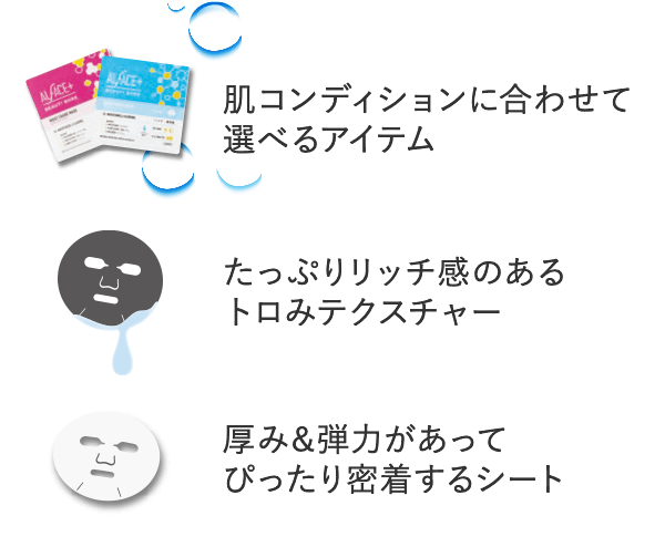 肌コンディションに合わせて選べるアイテム たっぷりリッチ感のあるトロみテクスチャー 厚み&弾力があってぴったり密着するシート